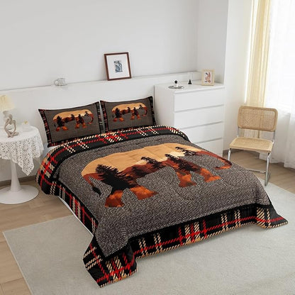 Erosebridal Elephant Comforter Set Queen,Country Western Farmhouse Bedding Set for Teens Kids Boys Girls, Nature Wild Animals Bedding Comforter Sets,Orange Grey Plaid Checkered Down Comforter,3Pcs