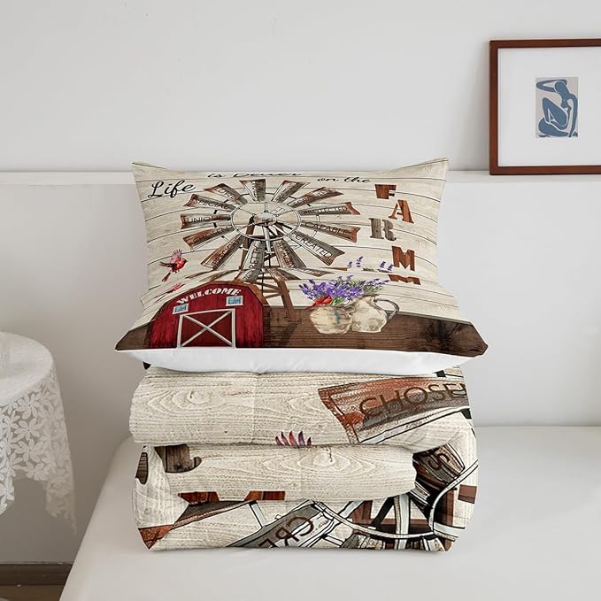 Erosebridal Western Farmhouse Quilt Bedding Sets Twin Country Rustic Comforter Set for Cabin Lodge Cardinal Barn Lavender Windmill Duvet Insert Pastoral Rural Comforter 1 Pillow Case Home Room Decor