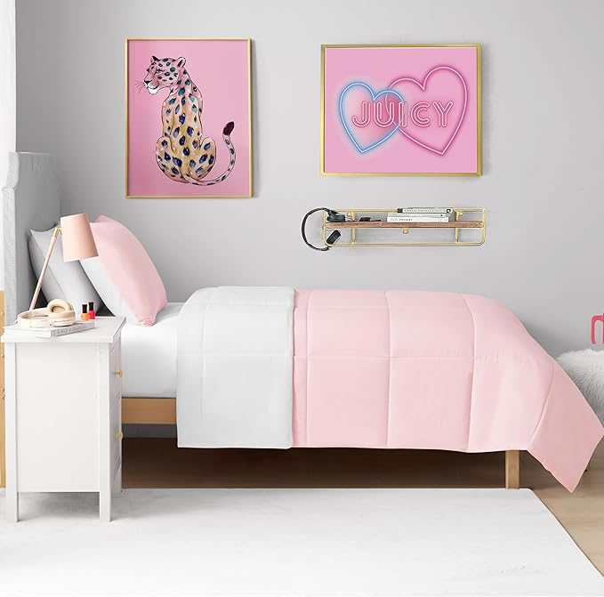 Juicy Couture Reversible Box Stitch Comforter Set, 2-Piece Twin/Twin XL – Pink Marshmallow/White – Glam Bedding Set