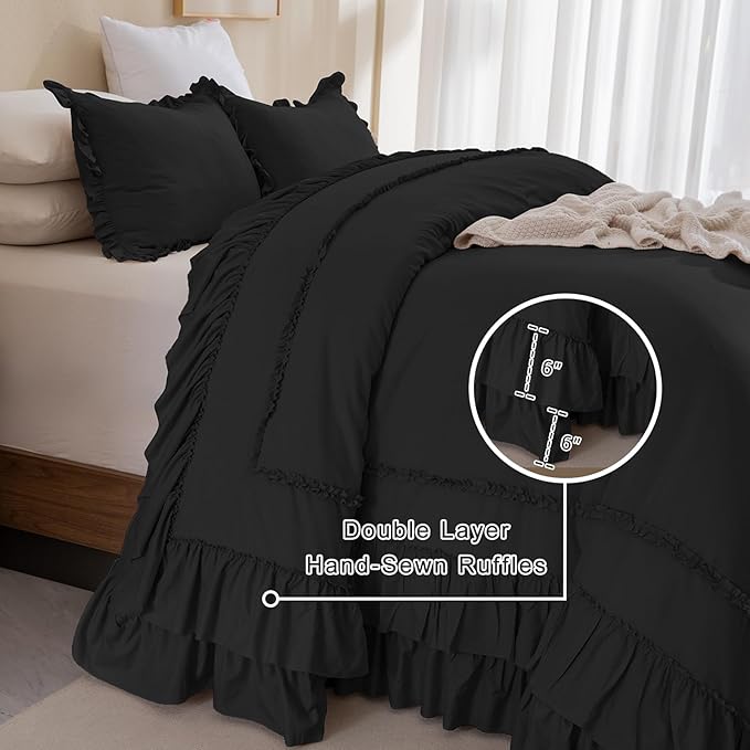 QSH 3PCs Black Ruffled Oversized King Comforter 120x120,Farmhouse Shabby French Country Chic Ruffle Bed Comforter Set Boho Lightweight Ultra Soft Microfiber California King Comforter with Pillowcases