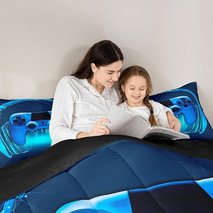 Gamer Comforter Set Full Size,Blue Headphones Musical Design Games Gamepad Bedding Set for Kids Boys Video Game Room Decor Retro Playing Gamer Down Comforter Gaming Controller Quilted Duvet Set