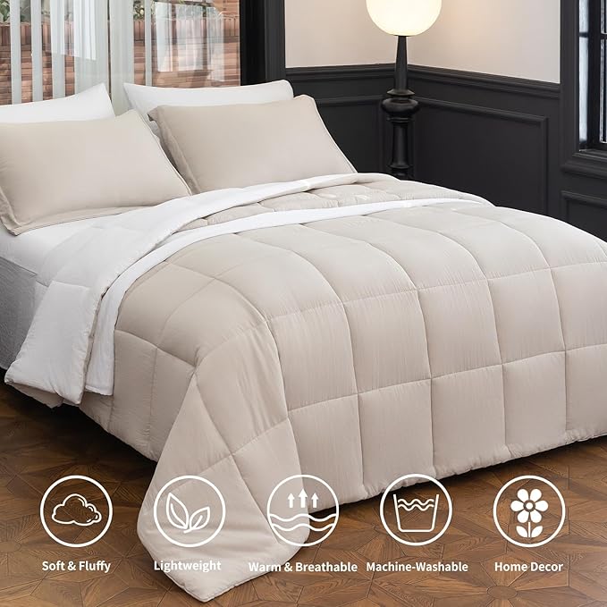 Queen Size Comforter Set - 8-Piece White Luxury Bedding with Reversible Microfiber Lightweight Comforter, Bed Skirt, Flat Sheets, Pillowcases & Pillow Shams