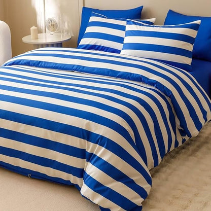 CLOTHKNOW Striped Comforter Set California King 3Pcs Blue White Bedding Comforter Sets Blue White Stripes Comforter Blue Comforter Sets