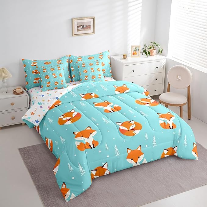 Feelyou Kids Fox Comforter Set Full Size 7 Pcs Girls Cute Fox Comforter Bed in a Bag Wild Animal Bedding Set for Boys Toddler Cartoon Fox Bed Set with Sheets, Pillowcases, Pillow Covers