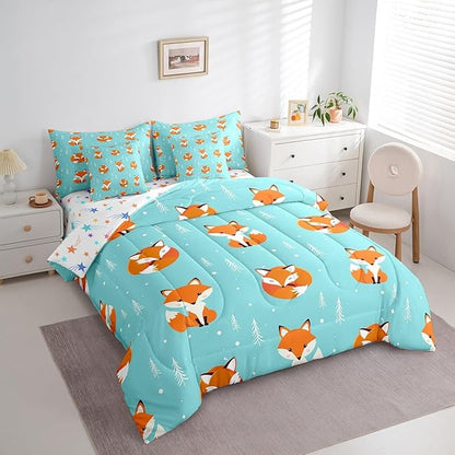 Feelyou Kids Fox Comforter Set King Size 7 Pcs Girls Cute Fox Comforter Bed in a Bag Wild Animal Bedding Set for Boys Toddler Cartoon Fox Bed Set with Sheets, Pillowcases, Pillow Covers