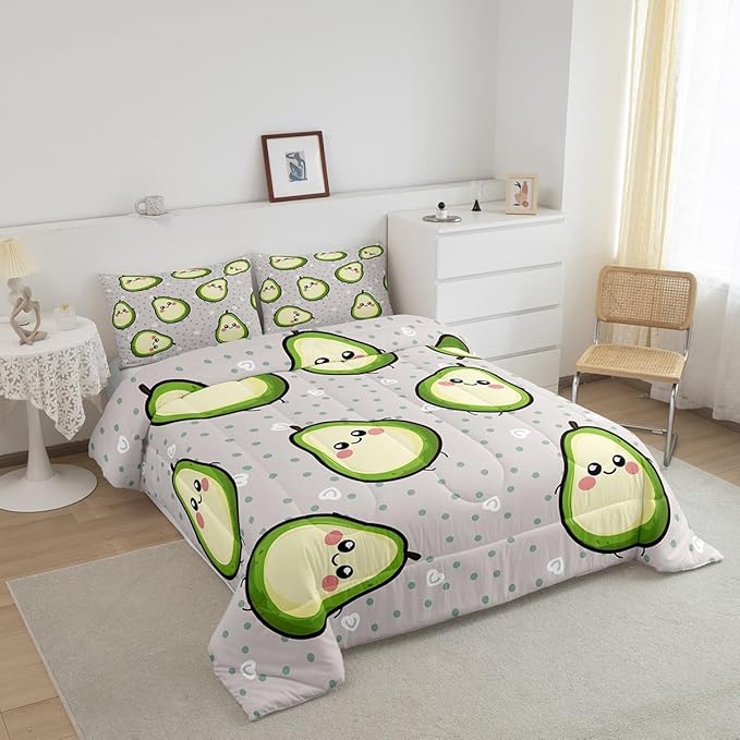Erosebridal Avocado Comforter Set for Kids Boys Girls Green Yellow Avocado Bedding Set Twin Size Cartoon Avocado Decor Soft Warm Fruits Food Duvet Set Kawaii Cute Down Comforter Ultra Lightweight