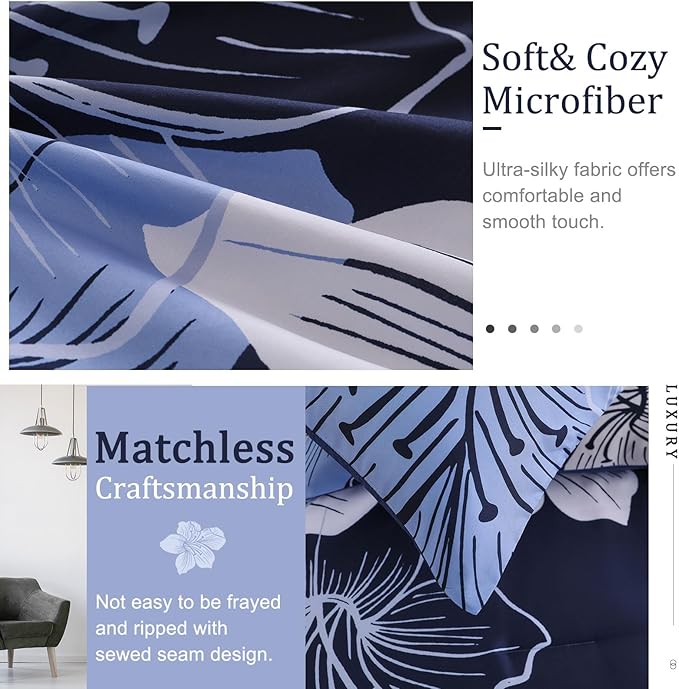 Menghomeus Queen Comforter Set Navy Blue Floral Bedding Comforter Sets - Soft Microfiber Bed Comforter Set for All Season, 3 Piece Botanical Flowers Comforter, Pillowcases