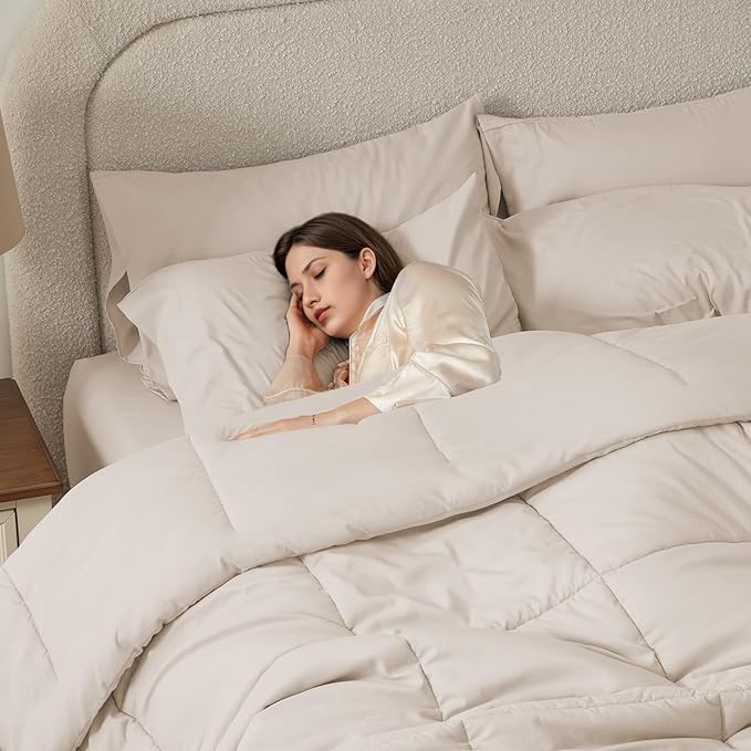 Anluoer Full Size Bed in a Bag 7 Pieces, Beige Bed Comforter Set with Sheets, All Season Bedding Sets with 1 Comforter,2 Pillow Shams,2 Pillowcases, 1 Flat Sheet,1 Fitted Sheet