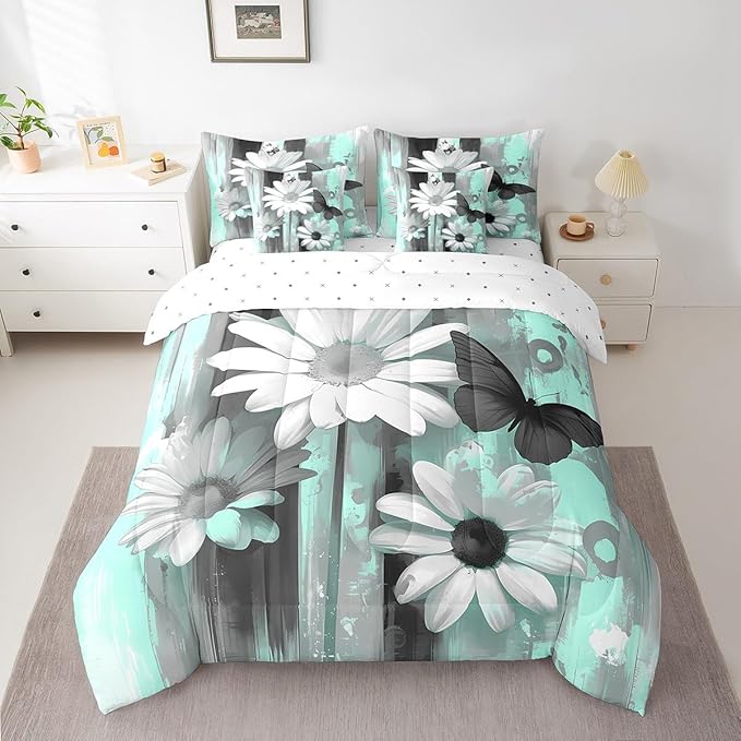 Feelyou Girls Daisy Flower Comforter Set with Sheets Queen Size 7 Pieces Kids Butterfly Floral Bedding Set for Boys Women Teens Teal Black Simple Modern Abstract Art Bed in a Bag Room Decor