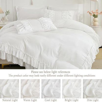 Herside White Ruffle Comforter Set King Size,Shabby Chic Bedding Set Soft Fluffy Boho Comforter Set for All Season,Vintage Bedding Ruffled 3 Pcs Microfiber Lightweight Quilt Set for Women Girls