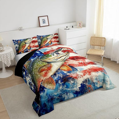 Erosebridal Pike Fish King Bedding Set,American Flag Fishing Comforter Set for Kids Boys Men,Big Bass Fish Comforter,Rustic Vintage Lake House Bedroom Room Decor,2 Pillowcases Breathable