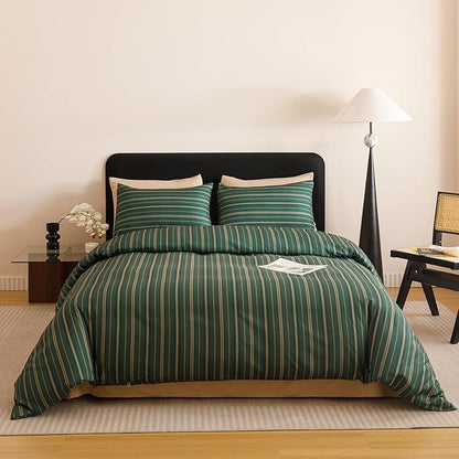 KAREVER Green Stripes Comforter Cal King Vertical Ticking Striped Dark Green Bedding Set Durable Chic and Stylish Bedroom Set
