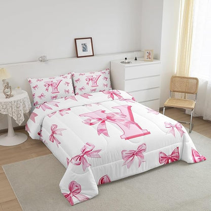 Erosebridal Initial Y Letter Comforter Set Kawaii Princess Bowknot Girls Twin Bedding Set Dreamy Romantic Bow Bedding Comforter Sets Princess Style Bowknot Quilt Duvet for Kids Teen Women