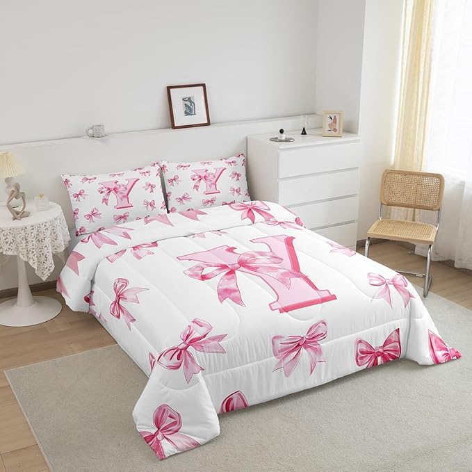 Erosebridal Initial Y Letter Comforter Set Kawaii Princess Bowknot Girls Toddler Bedding Set Dreamy Romantic Bow Bedding Comforter Sets Princess Style Bowknot Quilt Duvet for Kids Teen Women