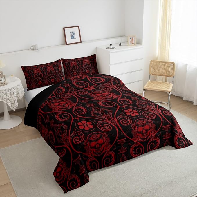 Feelyou Adults Red Vintage Damask Floral Comforter Set Oriental Antique Comforter Twin Size Exotic Sugar Skull Rose Bedding Set Gothic Bohemia Boho Duvet Set Quilt Set 2Pcs