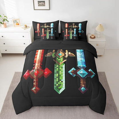 Colorful Sword 7Pcs Comforter Set Twin Size,Sandbox Building Games Bedding Sets for Kids Girls Boys Adult Room Decor,Geometric Block Fitted Flat Sheet Modern Miner Black 2 Throw Pillow,2 Pillowcases
