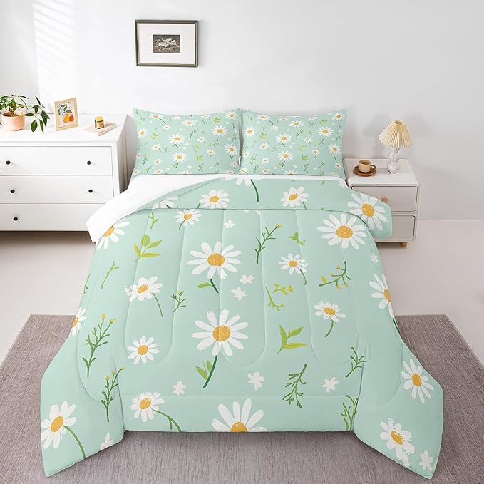 Manfei Cute Flower Comforter Set Twin Size, Botanical Theme Floral Print Bedding Set 2pcs for Kids Girls Room Decor, Watercolor Daisy Quilt Set Soft Polyester Duvet Set with 1 Pillowcase