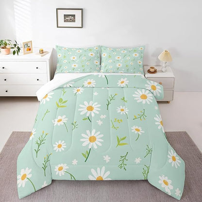 Manfei Cute Flower Comforter Set Queen Size, Botanical Theme Floral Print Bedding Set 3pcs for Kids Girls Room Decor, Watercolor Daisy Quilt Set Soft Polyester Duvet Set with 2 Pillowcases
