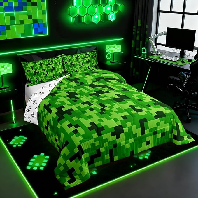 Green Pixelated Gamer Bedding Set Queen Size,Video Games 7Pcs Comforter Set,Kids Boys Girls Teens Room Decor,Cartoon Gamepad Bed in a Bag Modern Geometric Check Flat Fitted Sheet,2 Pillowcases