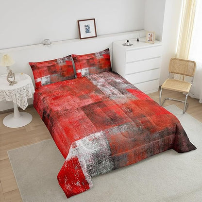 Erosebridal Red Grey Ombre Comforter Set for Kids Teens Youth,Watercolor Bedding Set Full Size,Abstract Oil Painting Bedding Comforter Sets,Mid Century Contemporary Duvet Insert with 2 Pillowcases