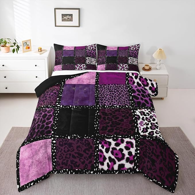 Erosebridal Pink Leopard Print Comforter King Size for Kids Teens Adults,Animal Skin Texture Bedding Set,Patchwork Geometric Duvet Insert,Farmhouse Quilt Bedroom Decor