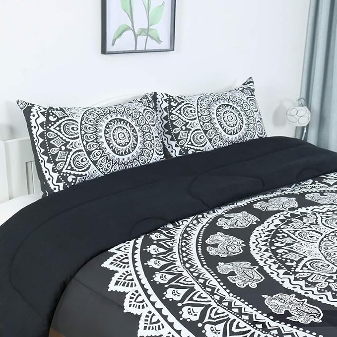 uxcell 3-Piece Bohemian Black Comforter Sets - 3D Printed Bohemia Themed - All-Season Down Quilted Duvet - Reversible Design - Includes 1 Comforter, 2 Pillow Cases King