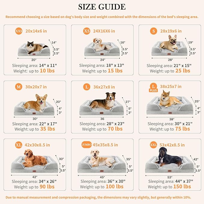 Comfort Expression Orthopedic Dog Bed for Extra Large Dogs 45x35 Inch, Waterproof Egg Crate Foam XL Pet Bed with Removable Bolsters, Dog Couch with Washable Cover & Non-Slip Bottom, Grey White