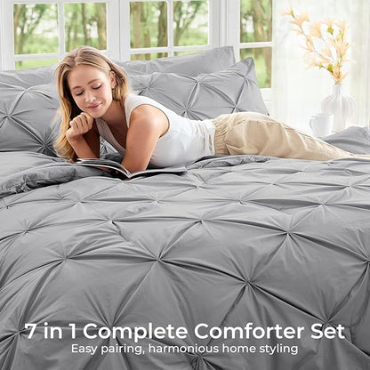 Sasttie Twin Comforter Set, 5-Piece Bed in a Bag, Pintuck Bedding Sets for All Season, Includes Comforter, Flat Sheet, Fitted Sheet, Pillowcase and Pillowsham, Light Grey