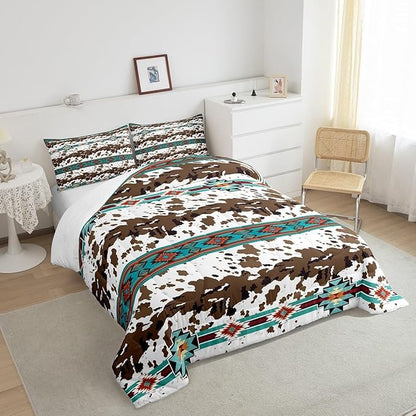 Feelyou Green Southwestern Bedding Set Queen Size Cow Print Comforter Set Geometric Tribal Native American Indian Design Comforter Decor Exotic Style Stripe Line Duvet Set
