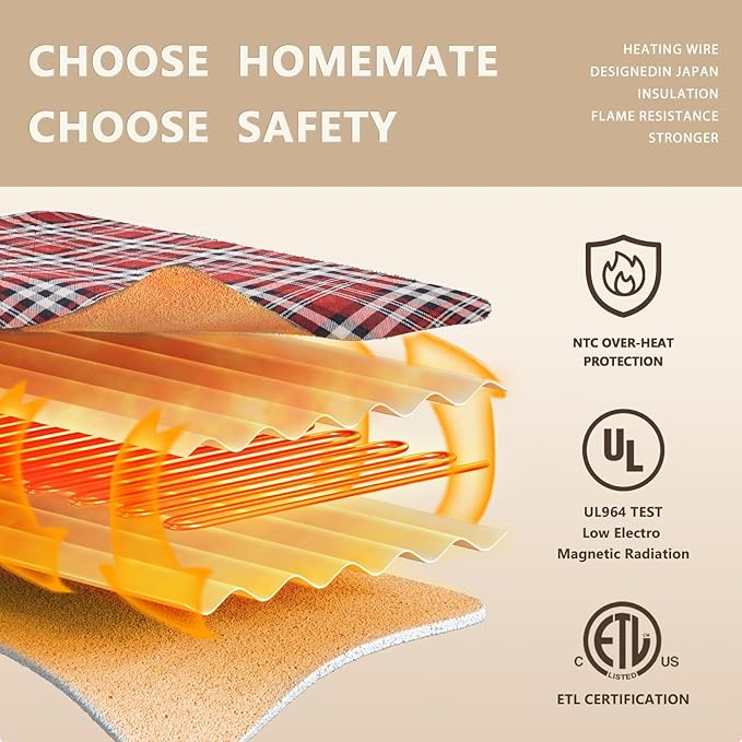Homemate Electric Blanket Heated Twin Size - 62“x84“ Ultra Soft Cozy Flannel Heating Blanket with 10 Fast Heat Levels 8 Hours Auto Off Over-Heated Protection ETL Certification Keep Warm in Home
