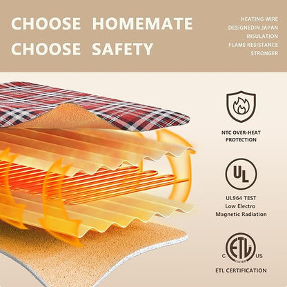Homemate Electric Blanket Heated Twin Size - 62“x84“ Ultra Soft Cozy Flannel Heating Blanket with 10 Fast Heat Levels 8 Hours Auto Off Over-Heated Protection ETL Certification Keep Warm in Home