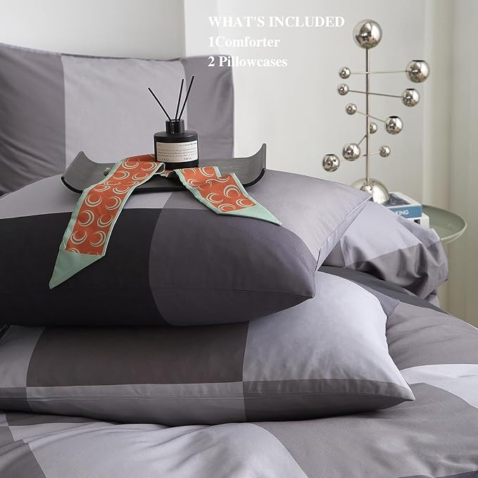 mixinni Full Size Comforter Sets Men Boys Geometric Checkered Plaid Printed Bedding Comforter for All Season Soft Lightweight Bedding Set-(Full Size, Grey,Black)