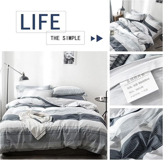 HighBuy Queen Size 3-Piece Striped Comforter Set Navy Blue Grey Gingham Bedding Set Geometric Comforter with 2 Pillowcases Lightweight Bohemian Comforter Set for All Seasons