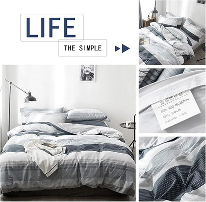 HighBuy Queen Size 3-Piece Striped Comforter Set Navy Blue Grey Gingham Bedding Set Geometric Comforter with 2 Pillowcases Lightweight Bohemian Comforter Set for All Seasons