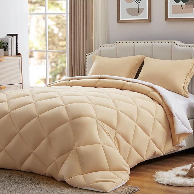 NexHome King Size Comforter Set Beige&White, 3 Pieces Lightweight Reversible Comforter King Size, All Season Fluffy Down Alternative Comforter Bed Set Quilt Blanket(102x90 In Comforter & 2 Pillowsham)