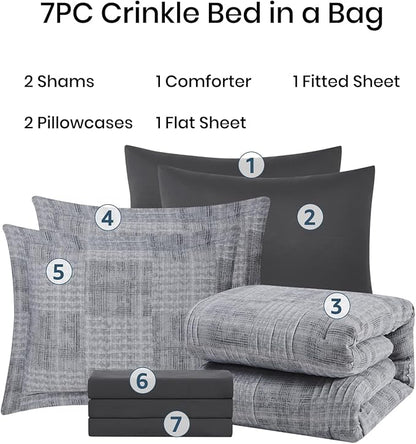 MaiRêve Charcoal Grey Full Comforter Set, Textured Design Grey Crinkle Bed in A Bag Full Size, Full Comforter Set with 7 Pieces with Comforter, Sheets, Pillowcases & Shams 80"x 90"