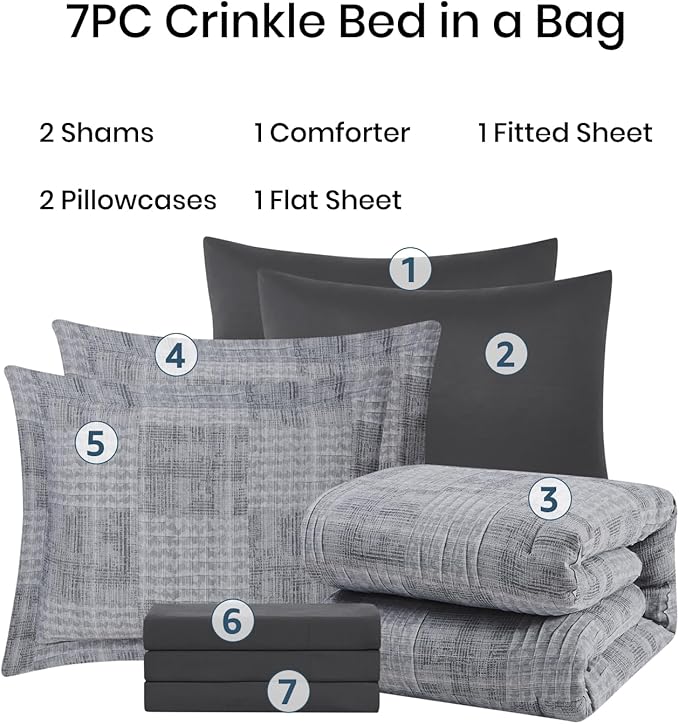 MaiRêve Charcoal Grey Oversized Queen Comforter Set, Textured Design Crinkle Bed in A Bag, 7 Pieces Bedding Set with Comforter, Sheets, Pillowcases & Shams 98"x 98"