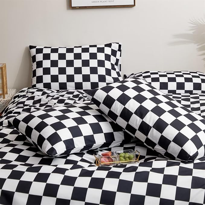 Houseri White Black Plaid Comforter Set Cal King Black and White Checkerboard Comforter California King Size Black Buffalo Checkered Bedding Elegant Grid Gingham Checker Comforter Sets California King