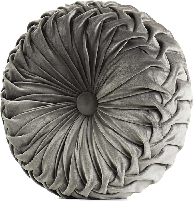 Round Throw Pillow Velvet Home Decoration Soft Pleated Pumpkin Round Floor Cushion for Couch Chair Bed Car Decorative (Dark Gray 14inch)