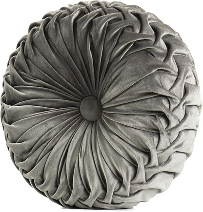 Round Throw Pillow Velvet Home Decoration Soft Pleated Pumpkin Round Floor Cushion for Couch Chair Bed Car Decorative (Dark Gray 14inch)