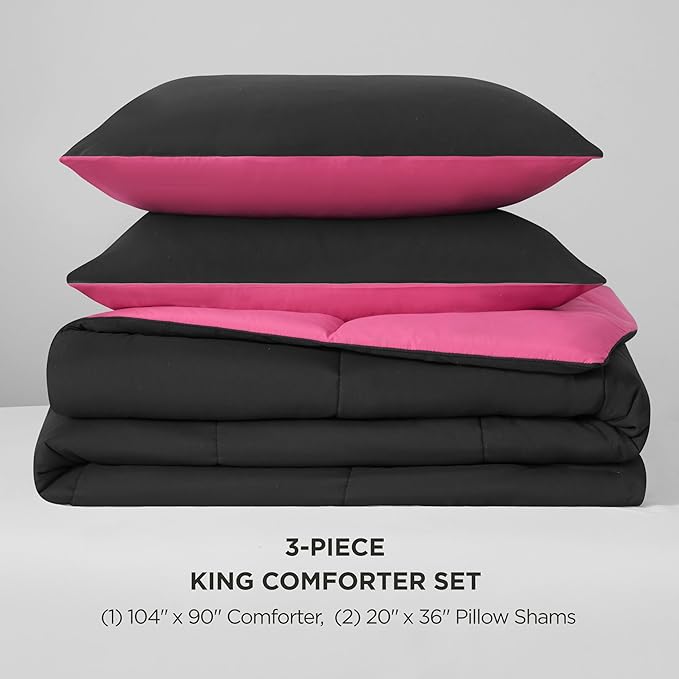 Juicy Couture Reversible Box Stitch Comforter Set, 3-Piece King – Hot Pink/Black – Glam Bedding Set