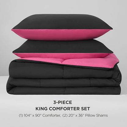 Juicy Couture Reversible Box Stitch Comforter Set, 3-Piece King – Hot Pink/Black – Glam Bedding Set