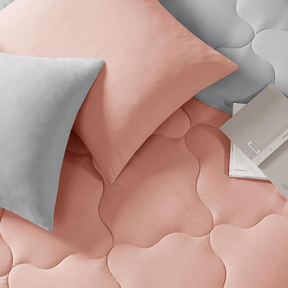 Comfort Spaces Vixie Reversible Comforter Set - Trendy Casual Geometric Quilted Cover, All Season Down Alternative Cozy Bedding, Matching Sham, Coral/Gray, Twin/Twin XL 2 piece