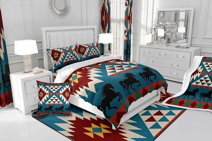 Erosebridal Southwestern Bedding Set Twin Horse Quilt,Farm Animals Comforter Western Duvet Inserts,Geometric Country Decor Room for Bedroom Gifts Girls