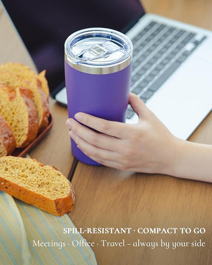 Travel Coffee Tumbler 20oz, Leakproof Travel Coffee Mug with Dual Lids and Straw, Stainless Steel Double Wall Vacuum Insulated Tumbler for Hot/Iced Drinks (Purple, Textured Matte)