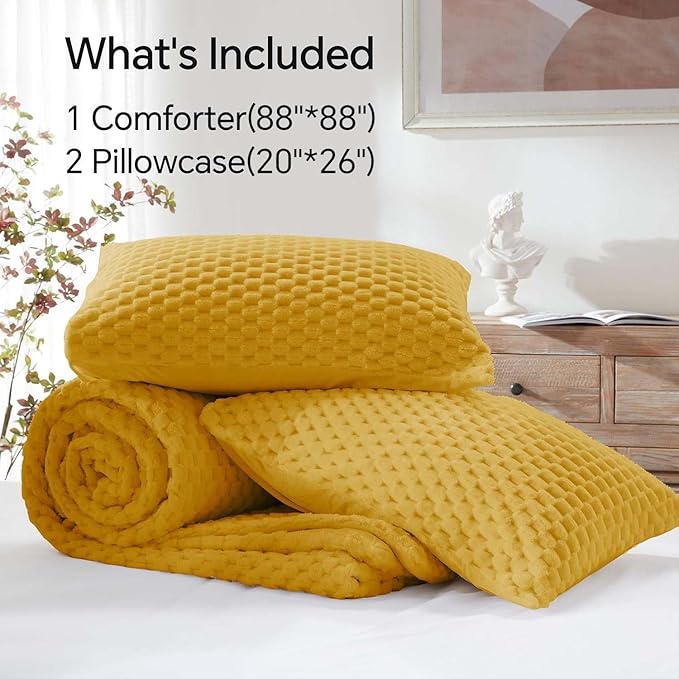 BEDELITE Fluffy Queen Comforter Set - Yellow Fleece Soft Comforter for Queen Size Bed, Luxury Warm Bedding Set for Winter, Fuzzy Bed Set 3 Pieces (1 Comforter, 2 Pillowcases)