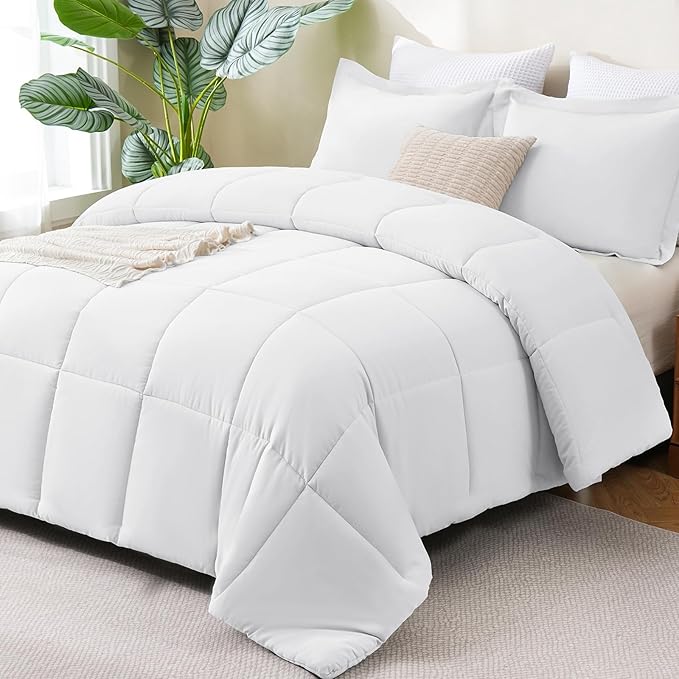 CozyLux California King Comforter Set White - 3 Pieces Cal King Box Stitched Quilted Bedding Sets, Soft Breathable Bed Sets for All Seasons with 1 Down Alternative Comforter and 2 Pillow Shams