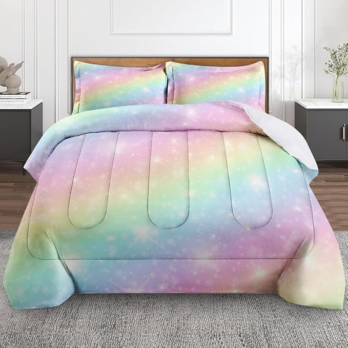 Galaxy Unicorn Rainbow Comforter Set for Girls Kids Toddlers Teens Adults Full, Princess Pink Purple Bedding Sets Water Washed Microfiber Bedding with 1 Comforter 2 Pillowcase All Season