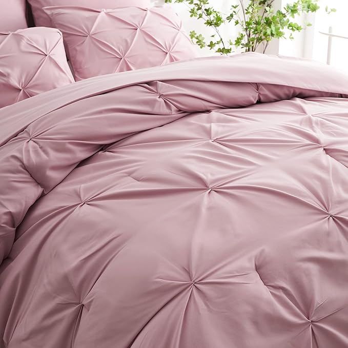 Ubauba 7pc King Size Comforter Set with Sheets, Blush 7 Piece Pintuck Bed in a Bag with Comforters and Sheets, Soft Fluffy Pinch Pleat Bedding Sets for Women (Pink,King)
