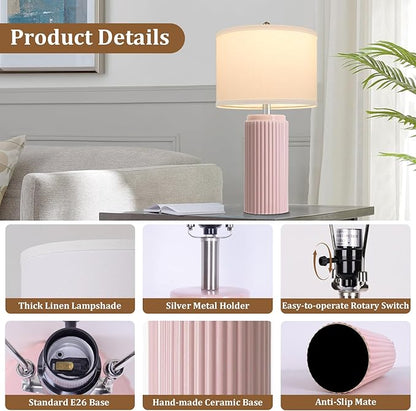23.5’’ Modern Pink Table Lamps Set of 2 for Living Room, Ceramic Bedside Lamps with White Linen Shade for Girls Room, Rustic Nightstand Lamps for Bedroom Home Office, Cute Lamps for End Table Dorm